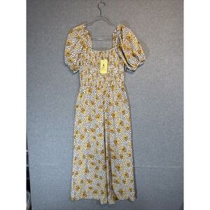 Welove Fashion Jumpsuit Women Small Floral Slant Pocket Belt Sleeve Elastic Neck